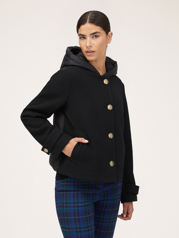 Dual-fabric down jacket with hood