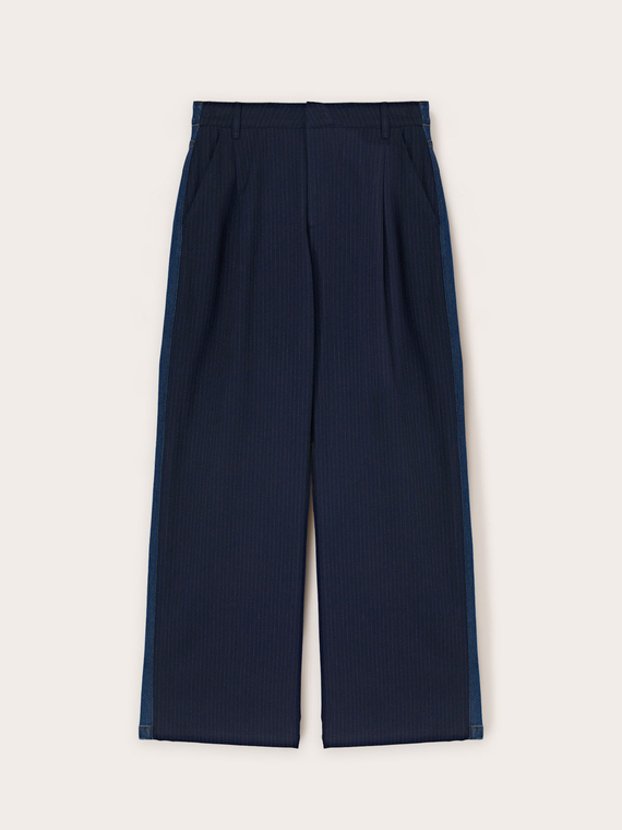 Pinstriped palazzo trousers with denim insert