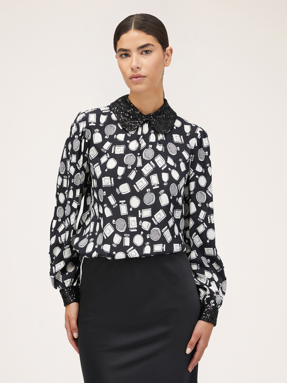 Blouse motif beauty avec col paillettes