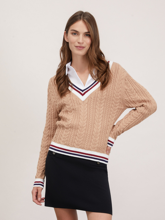 Maglia pullover a trecce con bordi a righe