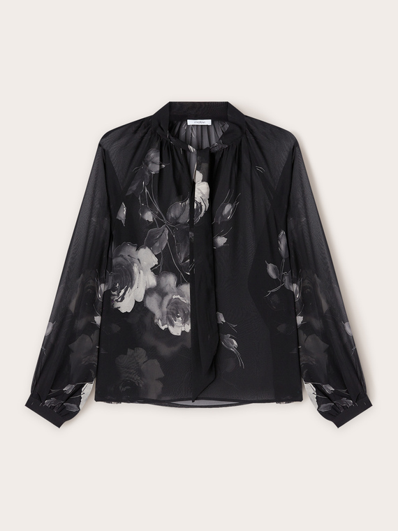 Rose pattern blouse with sash collar