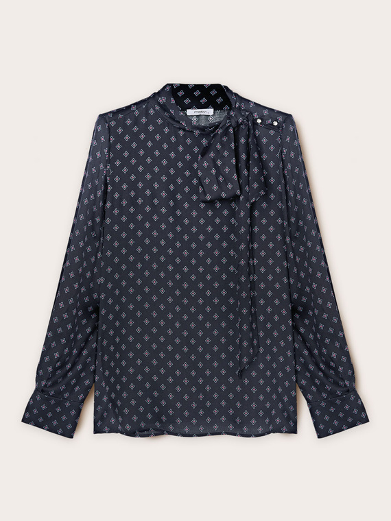 Patterned satin blouse with bow