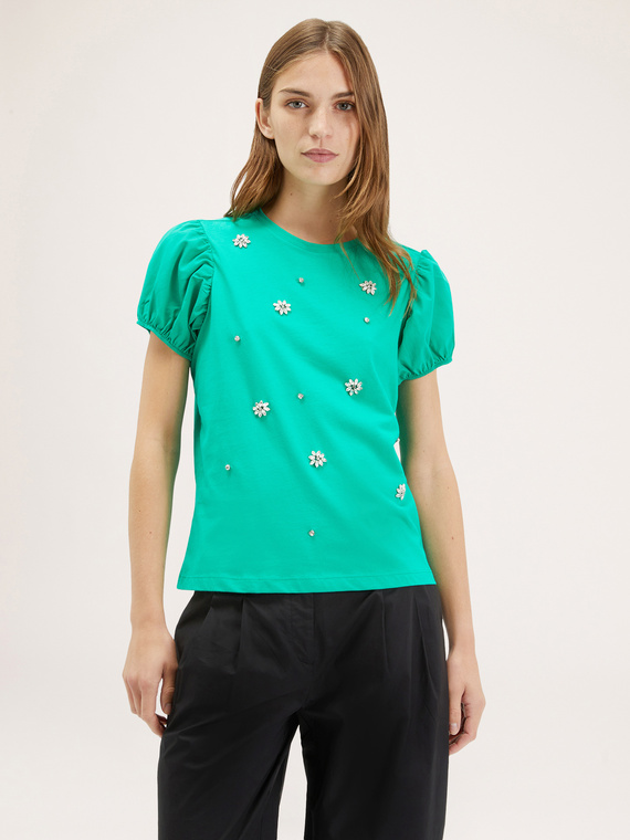 Dual fabric balloon t-shirt and embroidered stones