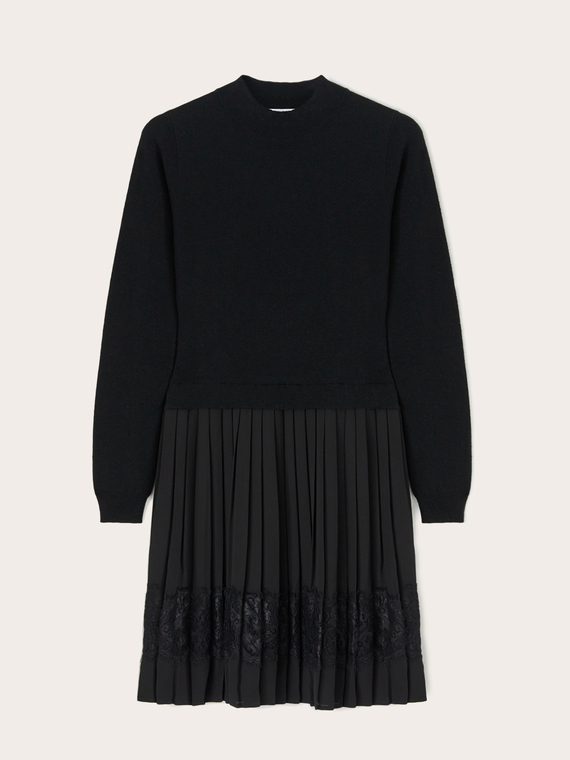 Knit dress with pleated satin skirt