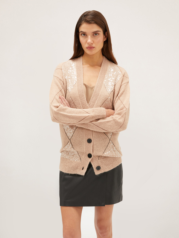 Cardigan misto alpaca a rombi con paillettes