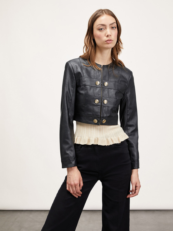 Bolero jacket in coated fabric with buttons