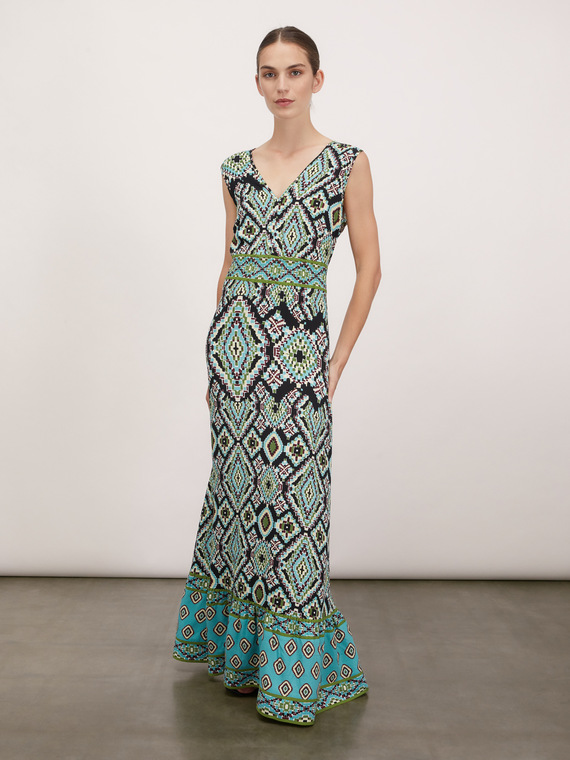 Long dress with ethnic patterned flounce