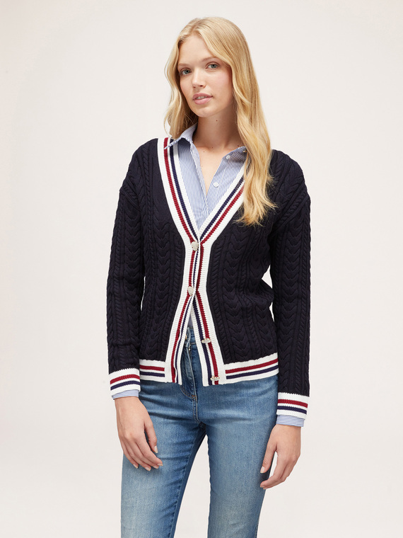 Cable pattern cardigan with striped borders