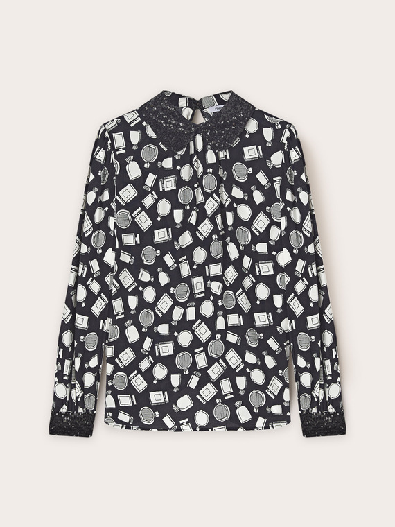 Blouse motif beauty avec col paillettes