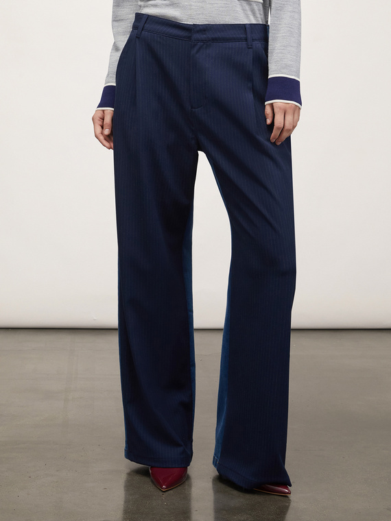 Pinstriped palazzo trousers with denim insert