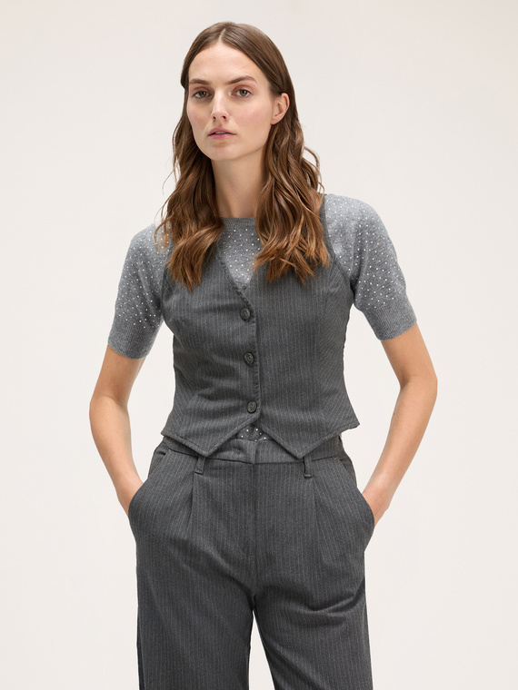 Pinstripe waistcoat with denim insert