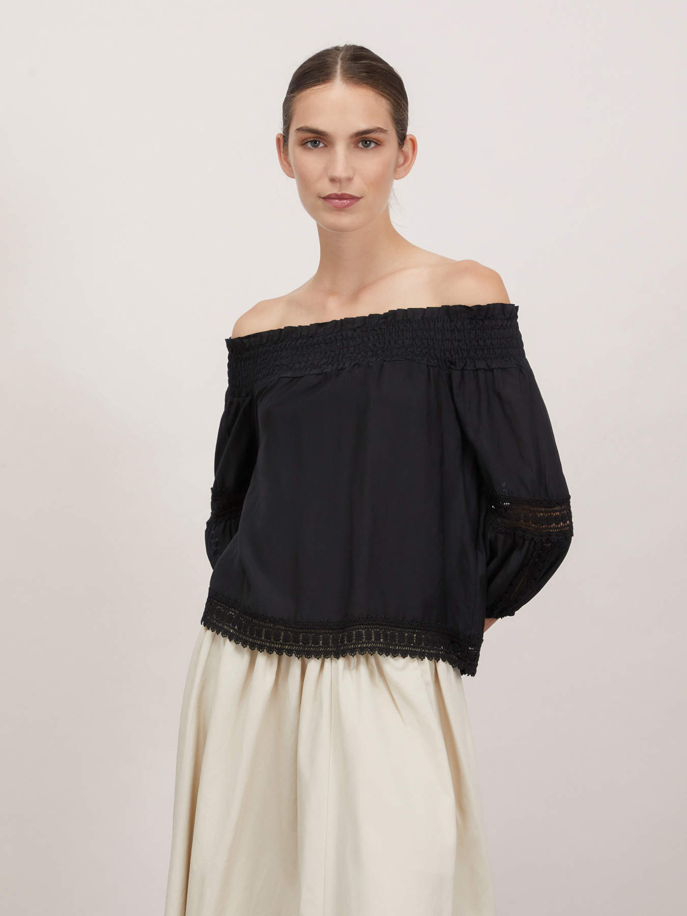 Blusa off-shoulders con inserti crochet image number 0