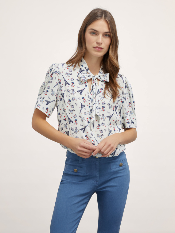 Paris pattern pussy bow blouse