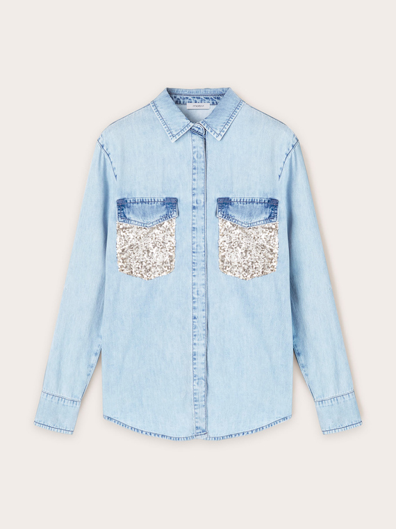 Denim shirt with sequins on pockets