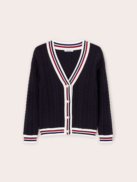 Cable pattern cardigan with striped borders