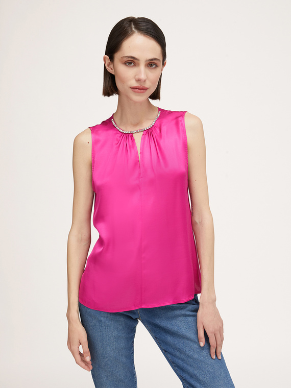 Satin top with embroidered crystal gemstones