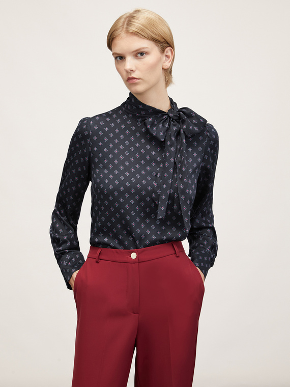 Patterned satin blouse with bow