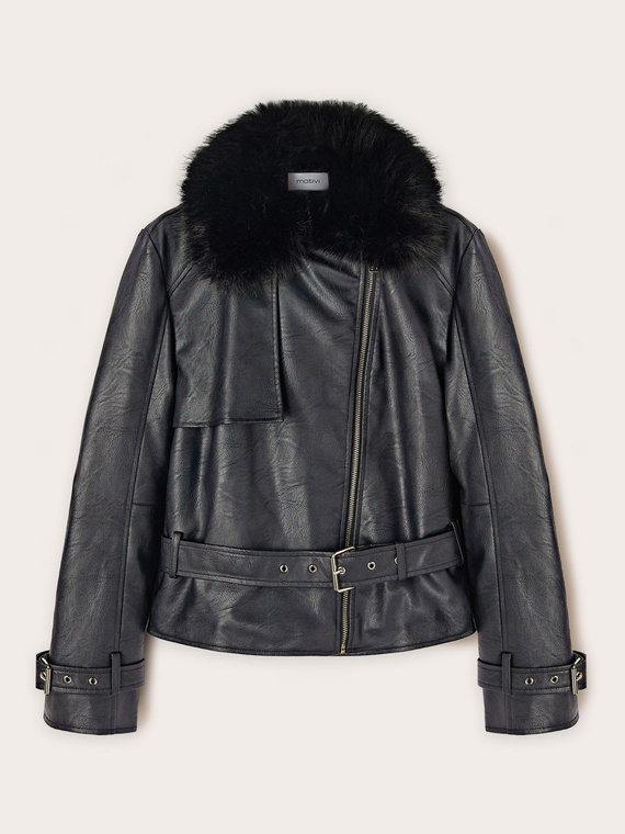 Coated fabric biker’s jacket with plush cowl