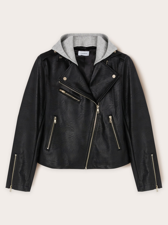 Biker jacket with fleece hood