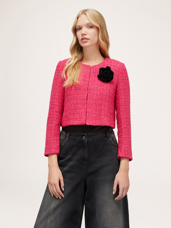 Giacca in tweed con rosa in tessuto