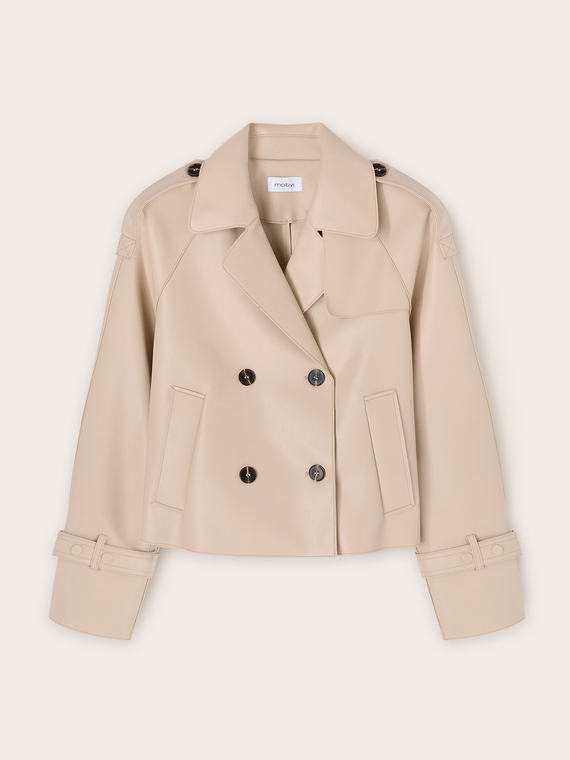 Short double-breasted trench coat in coated fabric