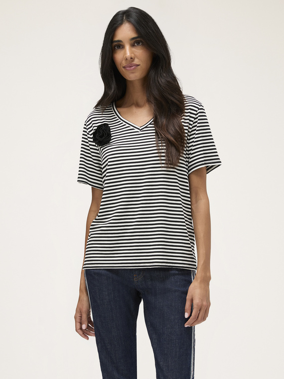 Striped T-shirt with fabric flower