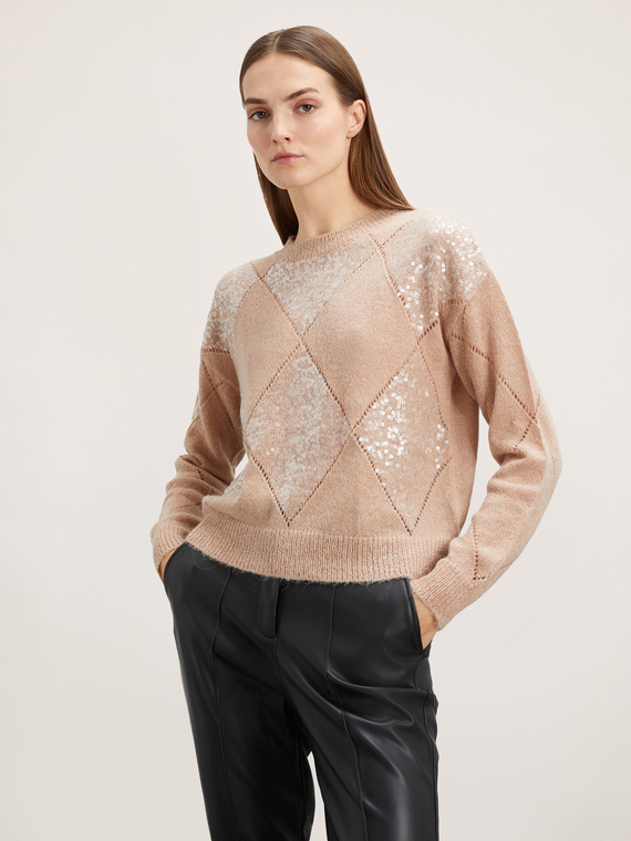 Maglia misto alpaca a rombi con paillettes