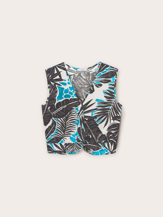Short top with knot and tropical pattern