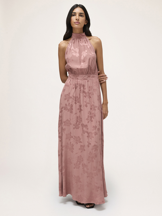 Jacquard satin long halterneck dress