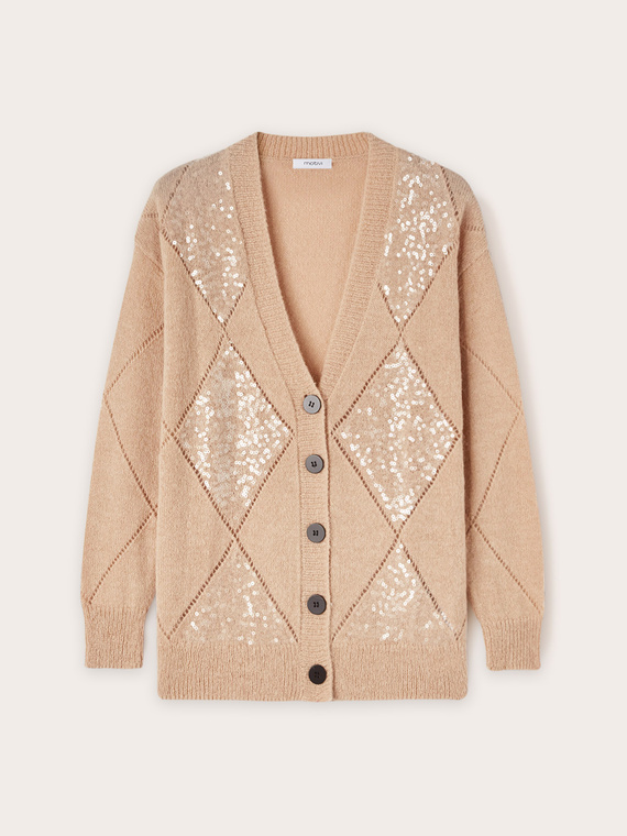 Cardigan misto alpaca a rombi con paillettes