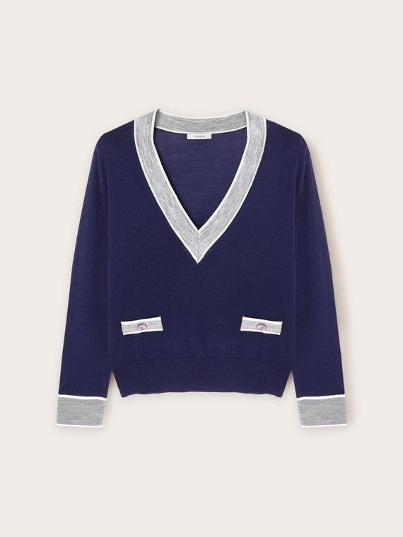 Pull-over avec bords de couleur contrastante en laine