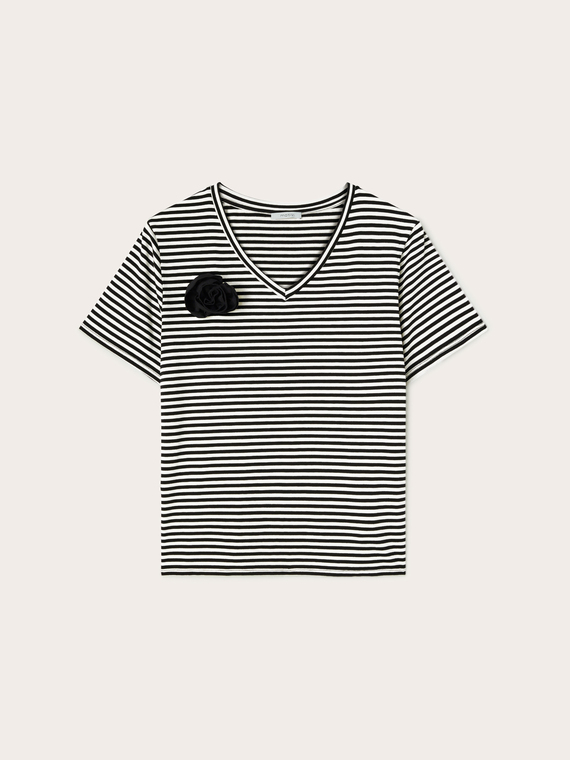 Striped T-shirt with fabric flower