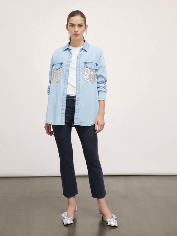 Denim shirt with sequins on pockets