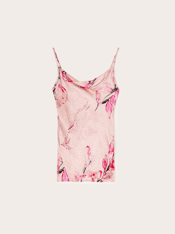 Draped satin top with flower pattern