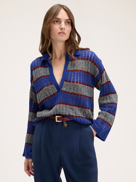 Striped lurex sweater with collar