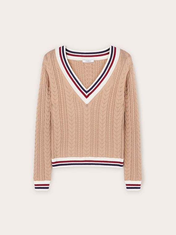 Maglia pullover a trecce con bordi a righe