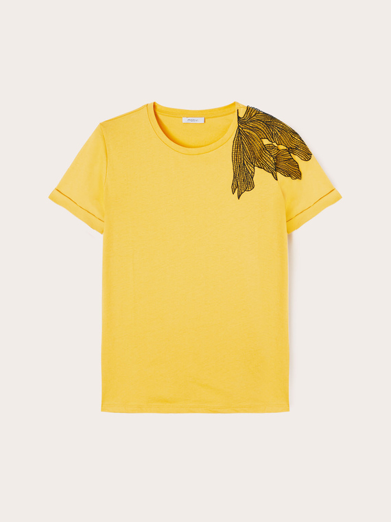 T-shirt with embroidered leaf appliqué