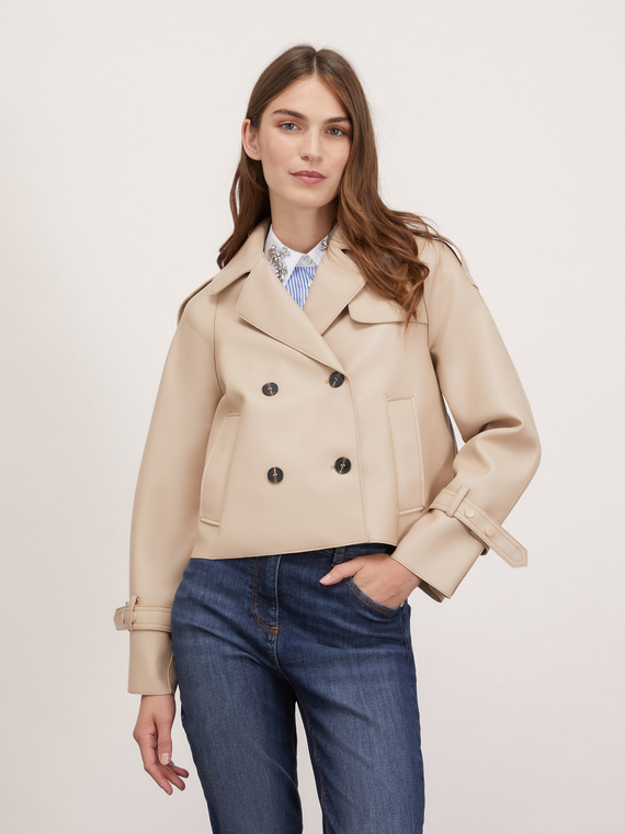 Short double-breasted trench coat in coated fabric